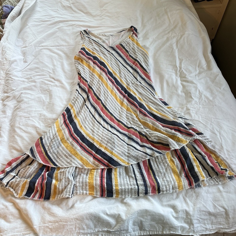 belle france Gauze Cotton Striped Lined Midi‎ Shift Dress Medium, Made In Italy